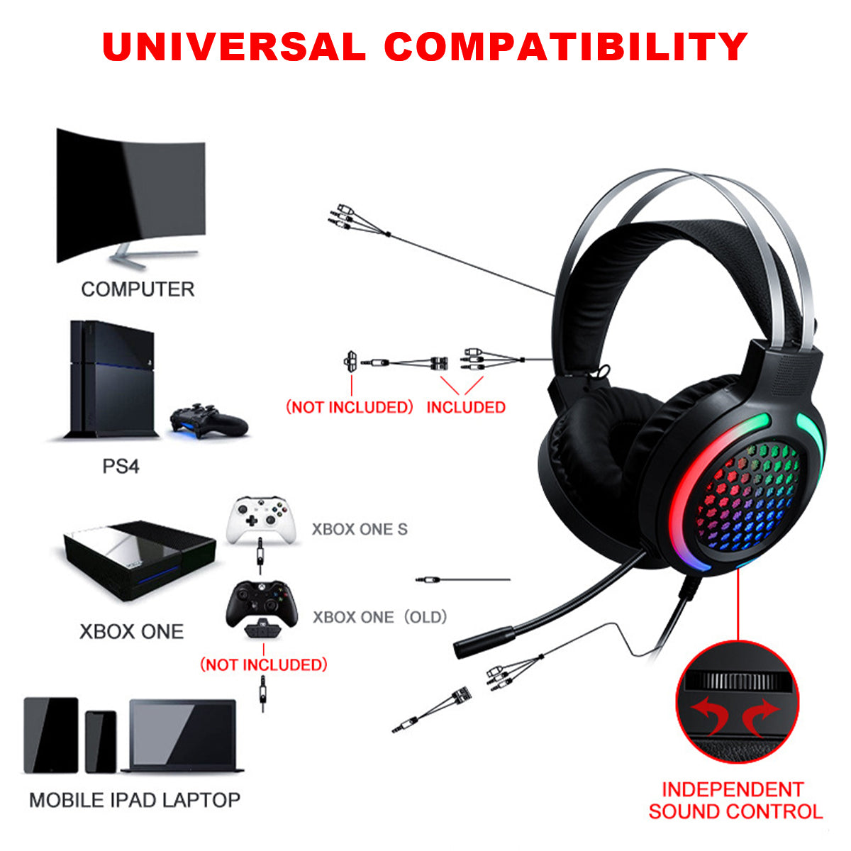 4Pcs Gaming Combo Kit 104 Keys Rainbow Backlit Keyboard Adjustable 2400DPI Mouse Wired RGB Lighting Headset with Anti-Slip Mouse Pad