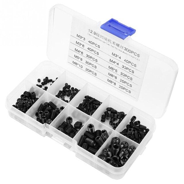 300Pcs M3-M8 Black Hex Socket Screws Grub Screw Allen Head Cup Point Assortment Kit 12.9 Grade Carbon Steel