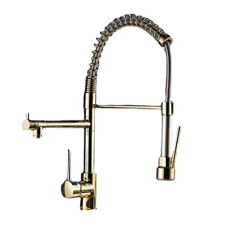 Kitchen Sink Mixer Faucet Pull Out Sparyer 360 Degree Rotation Hot & Cold Water Crane Tap with Dual Spout Chrome Brass Brushed Collapsible