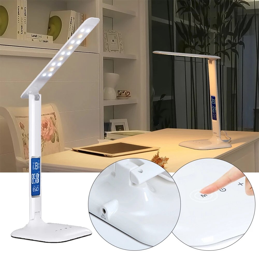 Desk Lamp Touch Dimmable Foldable Eye Protect Reading Light with Calendar Temperature Alarm Clock,5W