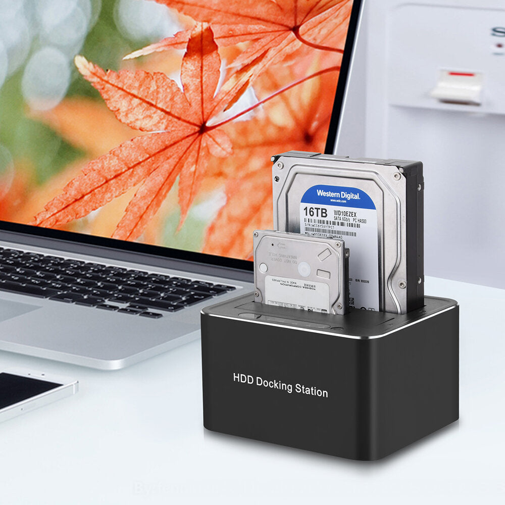 USB 3.0 to SATA Hard Drive Docking Station Off-Line Clone Function 5Gbps 32TB Dual Bay for 2.5"/3.5" HDD/SSD Hard Drive W-2P01