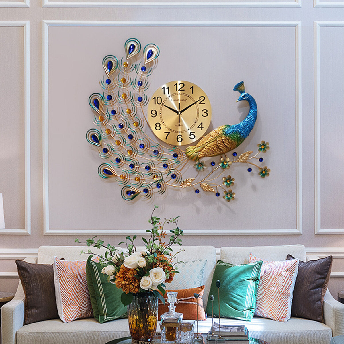 3D DIY Peacock Decoration Digital Wall Clock Metal Modern Art Home Bedroom Room