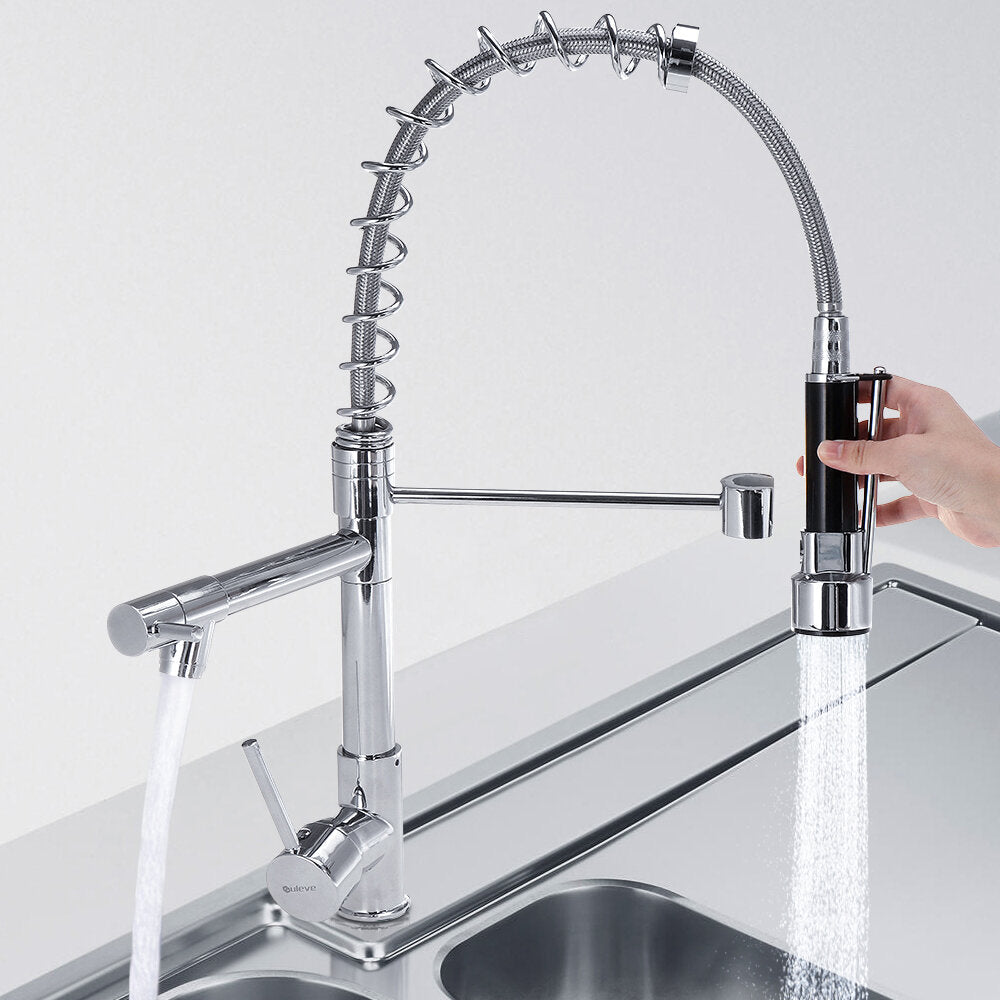 Pull Out Kitchen Tap Chrome Finished Spring Faucet Swivel Spout Vessel Sink Hot Cold Water Mixer Silver