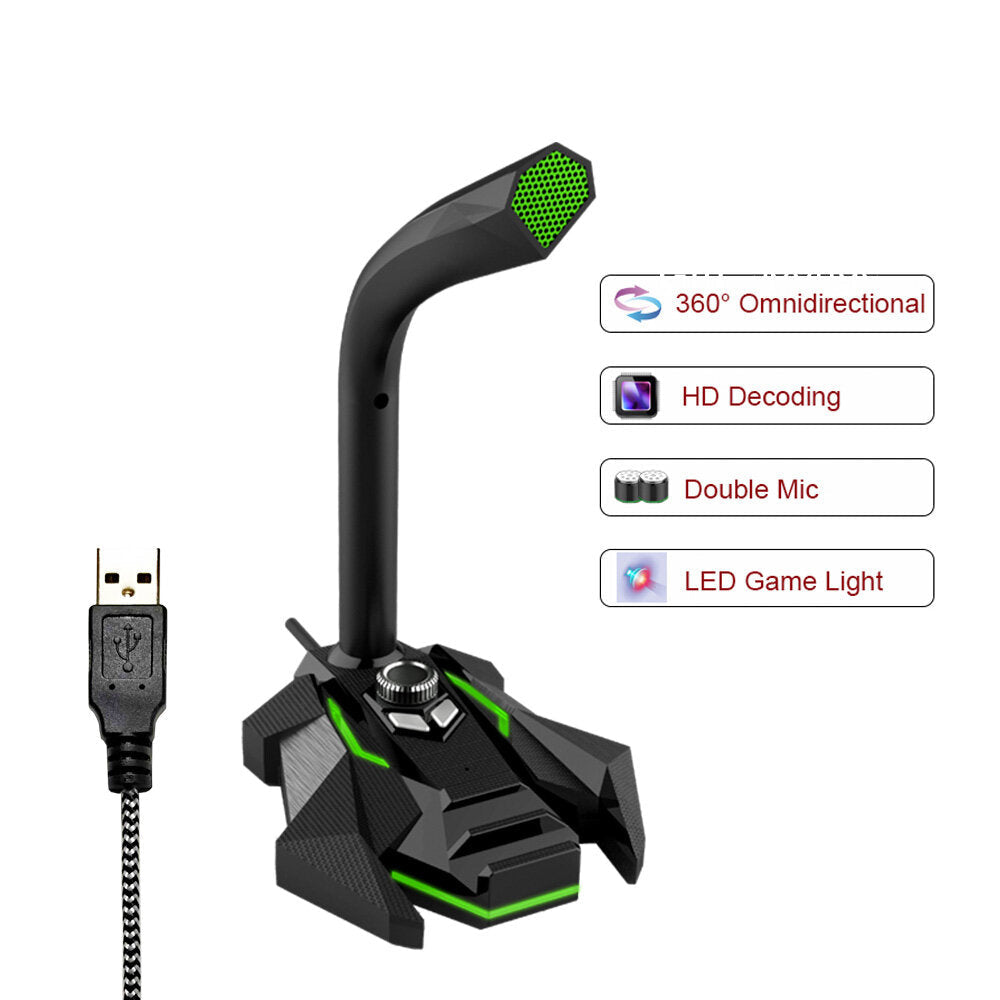 Multifunctional USB 3.5mm LED Wired Omnidirectionnel Game Microphone with Dual Mics HD Smart Sound Card for Computer Laptop