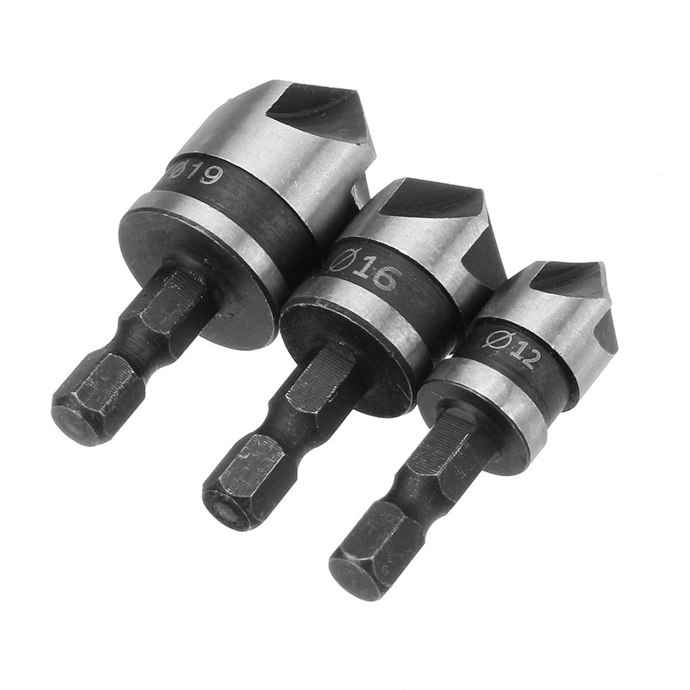 3pcs/Set 5 Flutes 90 Dgree Chamfer Cutter 1/4" Shank 12/16/19mm Countersink Drill Bit Kit
