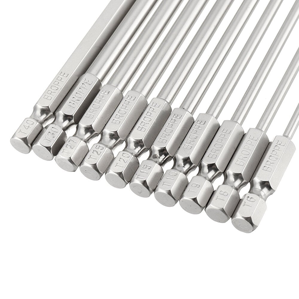 10Pcs S2 Alloy Steel T6-T40 100mm Magnetic Torx Screwdriver Bits 1/4 Inch Hex Shank