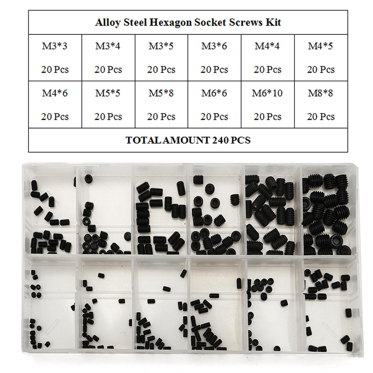 240Pcs M3-M8 Grub Screw Carbon Steel Hex Socket Allen Head Set Screw