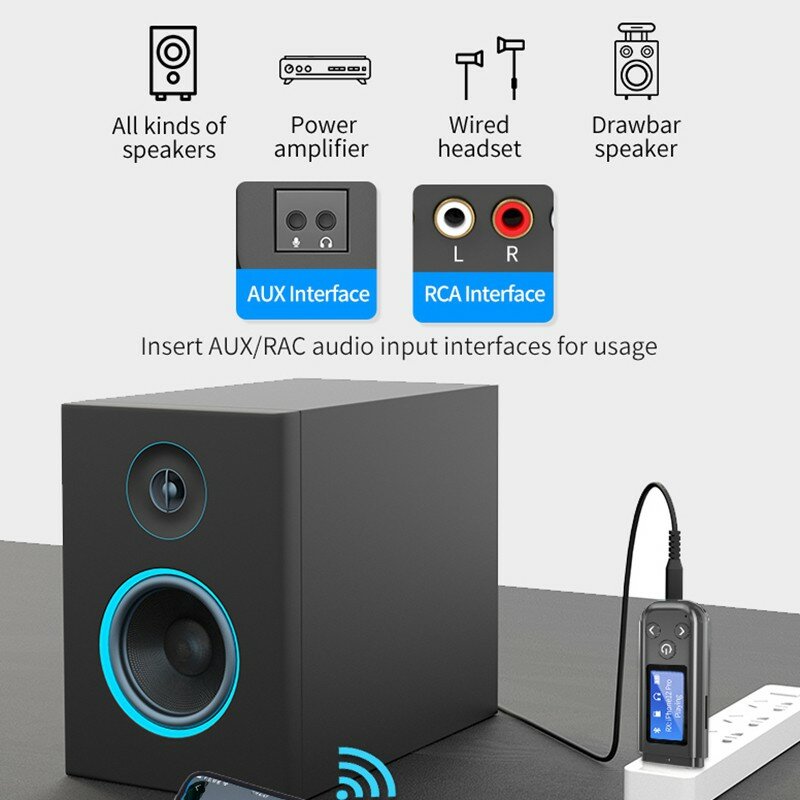 USB Bluetooth Adapter BT5.0 HD TF Card 3.5mm AUX-In 1700mAh LCD Digital Display Receiver Transmitter with Mic