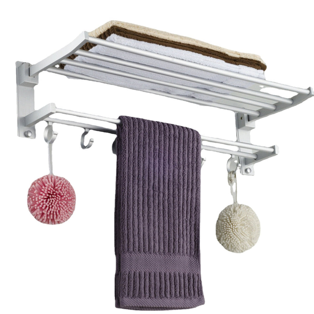 Bathroom Alumimum Folded Silver Bath Towel Shelf Washcloth Rack Holder With 5 Hooks Storage Rack