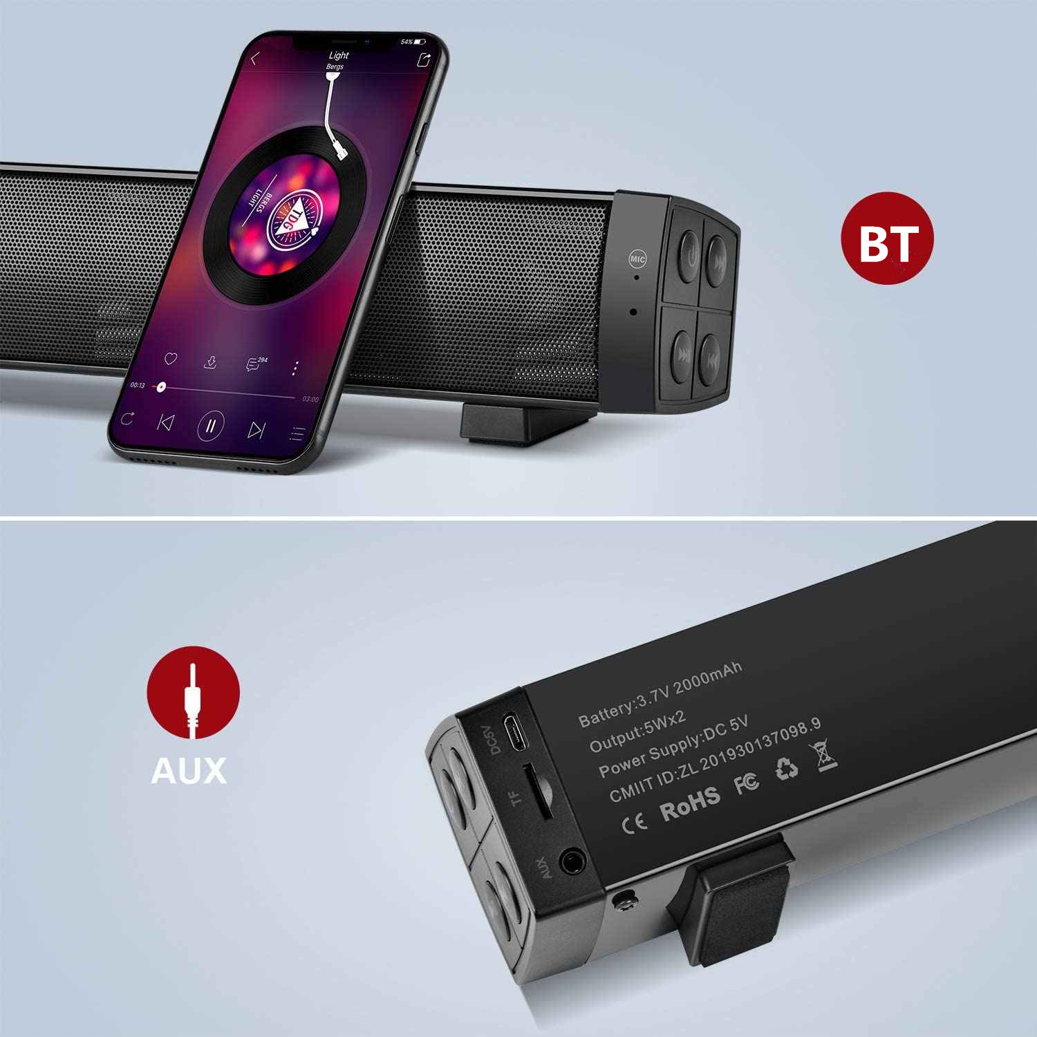 Bluetooth 5.0 Soundbar Wireless Speakers Hi-Fi 3D Stereo Support AUX/TF Card with HD Mic