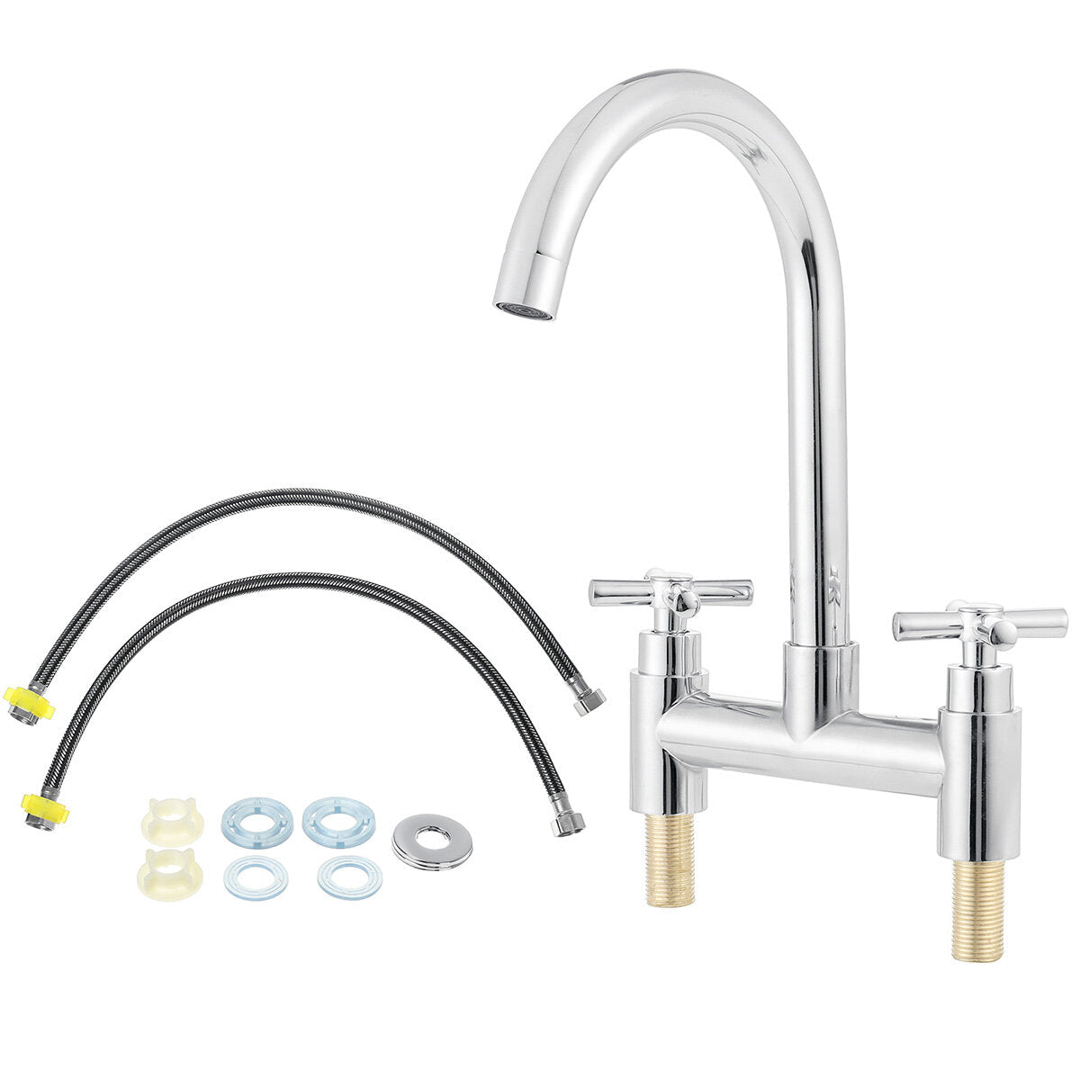 Modern Kitchen Sink Faucet Hot Cold Mixer Taps Swivel Spout Dual Lever Tap Mono Chrome