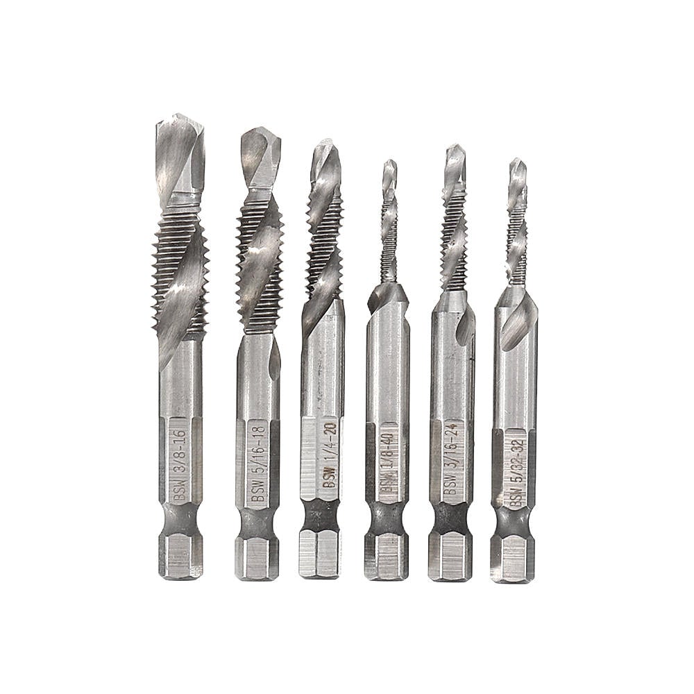 6pcs 1/8-3/8 Inch BSW Thread HSS Combination Drill Tap Bit Set Hex Shank Deburr Countersink Bits