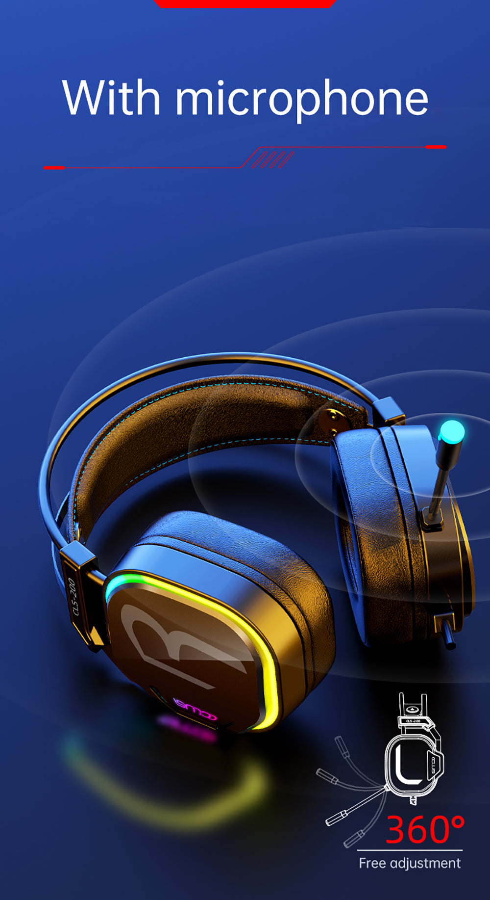 Gaming Headset with Omnidirectional Microphone Colorful RGB Light 50mm Unit for PC Laptop