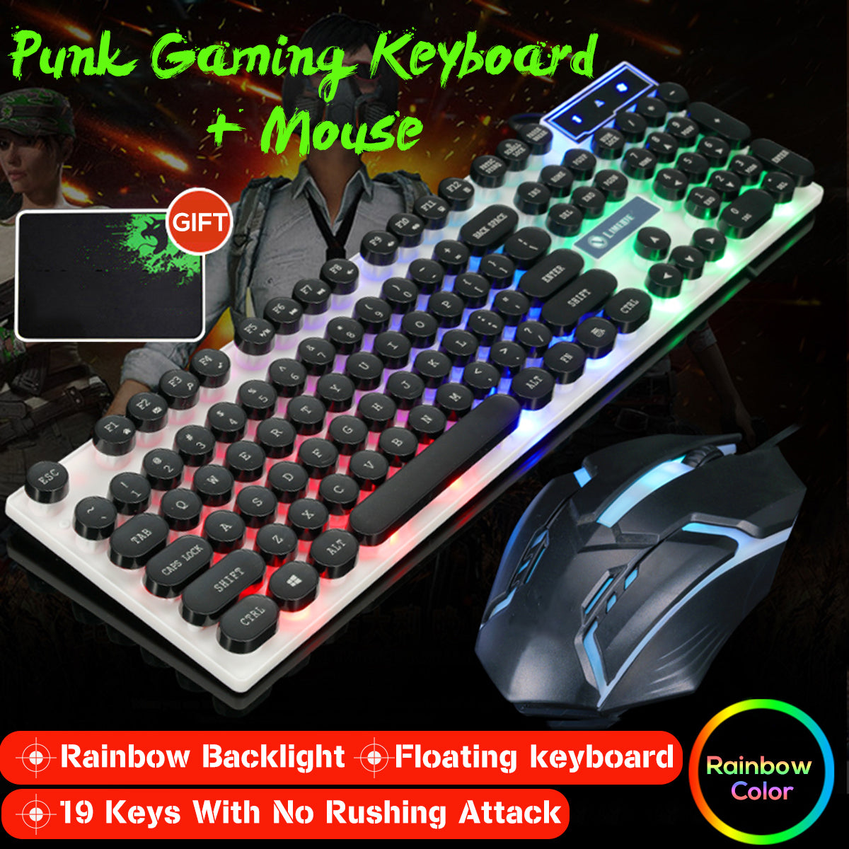 104 Keys Circular KeyCap Backlit Gaming Keyboard and Mouse Combo