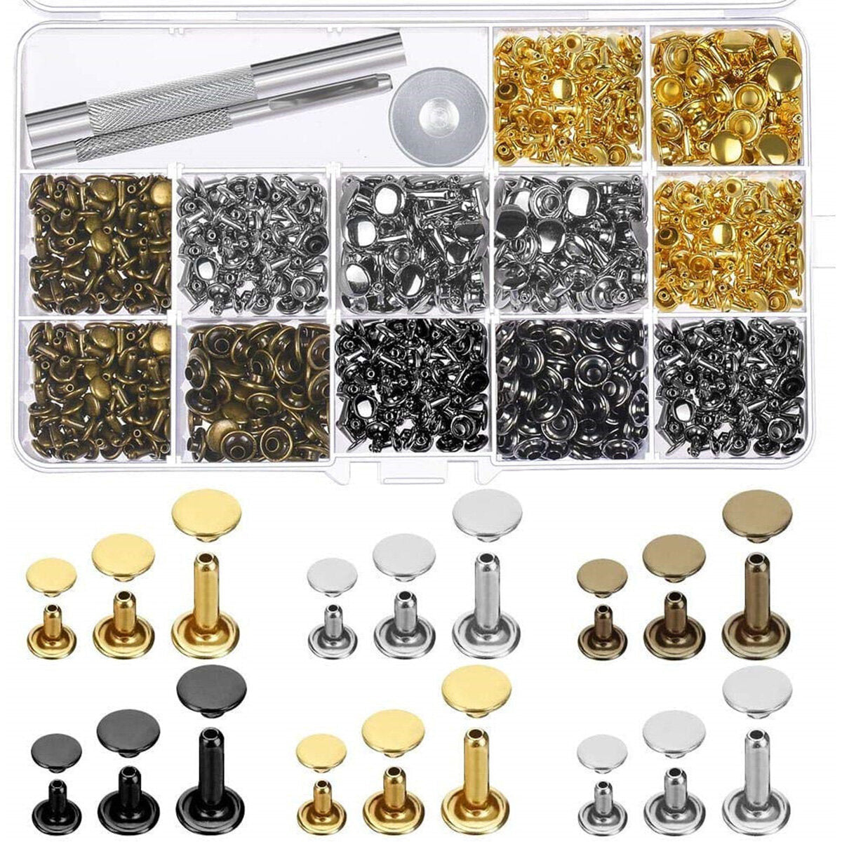 420+3 Sets Leather Craft Double Cap Rivets Tubular Metal Studs Fixing Tools Kit