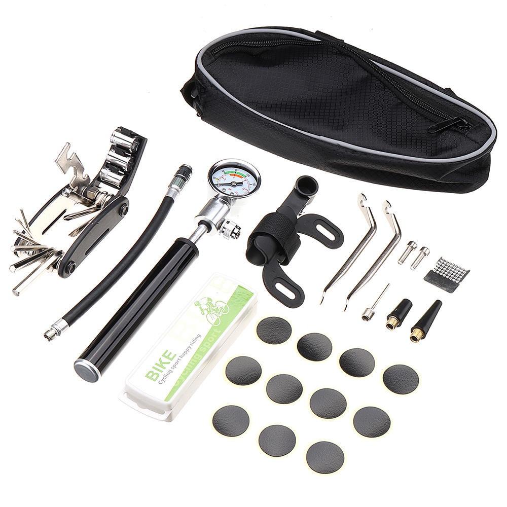 Bike Bicycle Repair Tool Pump With Gauge 16in1 Screwdriver Tire Repair Patch Saddle Bag Cycl