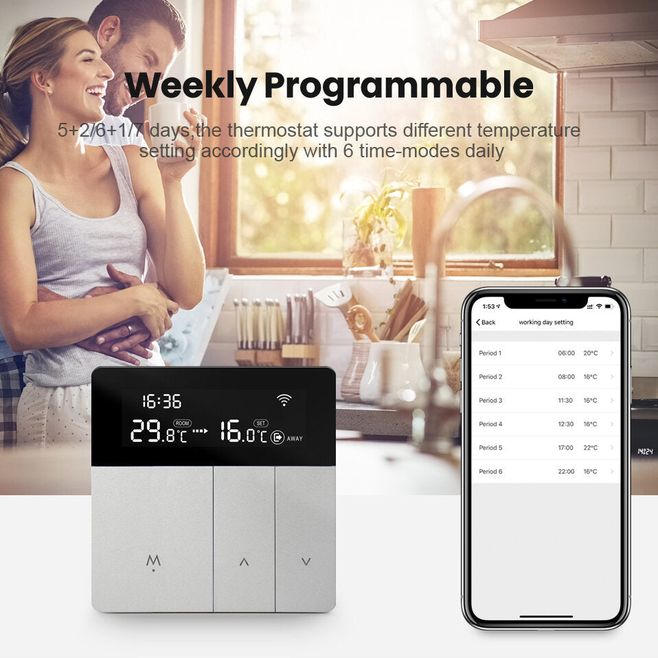 Smart Thermostat Sliver Electric Heating Temperature Controller APP Real Time Remote Control LCD Touch Display Screen Works With Alexa Google Home