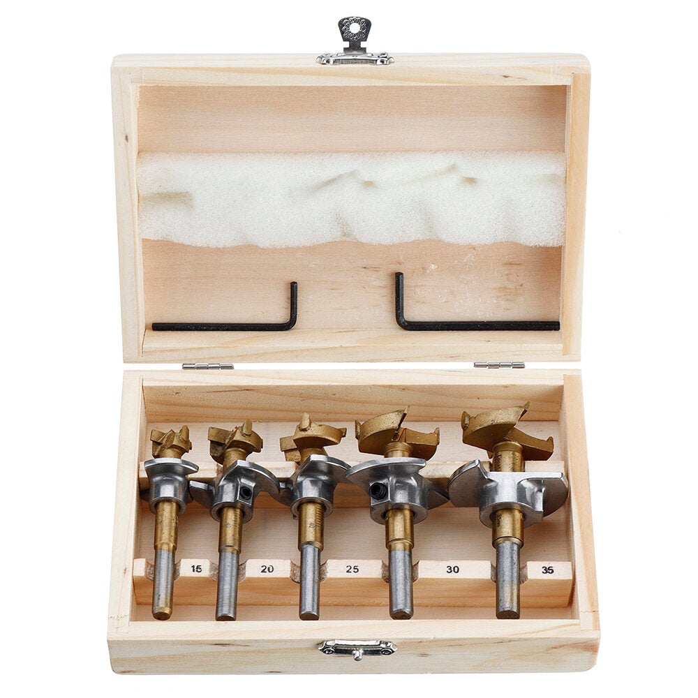 5PCS 15/20/25/30/35mm Forstner Drill Bit Set Titanium Coating Wood Auger Cutter Positioning Hole Saw Cutter Hinge Hole Opener