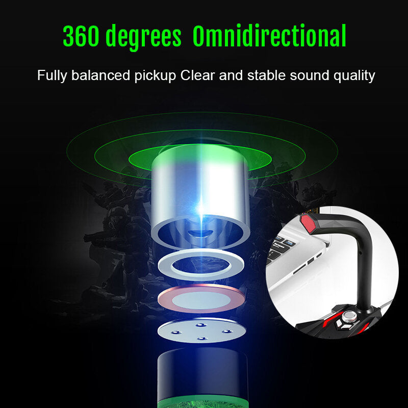 Multifunctional USB 3.5mm LED Wired Omnidirectionnel Game Microphone with Dual Mics HD Smart Sound Card for Computer Laptop