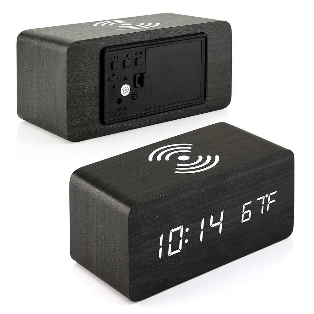 LED Digital Alarm Clock Creative Multi-functional Wireless Charging Wooden Snooze Clock