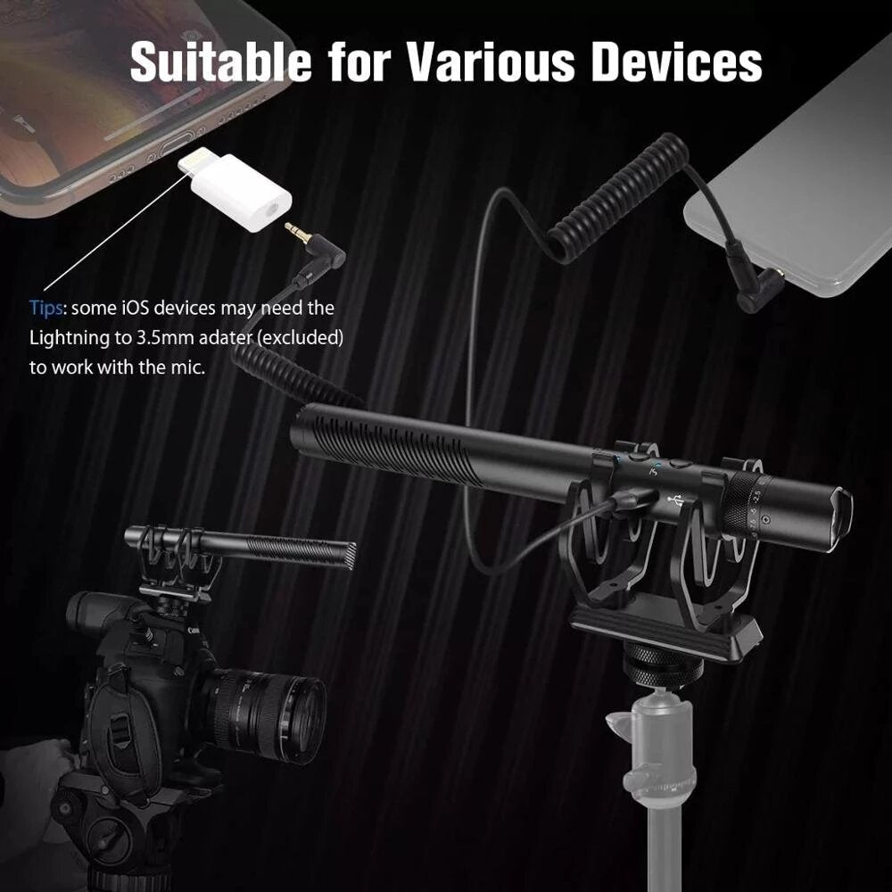 Directional Condenser Microphone with Overdrive Protection for DSLR Camcorder Interview