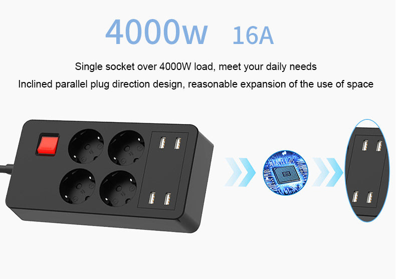 European Standard Socket 4 Jacks 4 USB Smart Power Converter German Standard Plug Home Office Power Adapter
