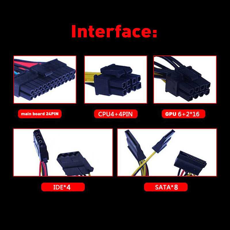 2000W PC Power Supply 110V-230V 95 PLUS Gold ATX Miner Bitcoin Power Supply Support 8 GPU Graphics Cards 4+4Pin CPU 24Pin SATA