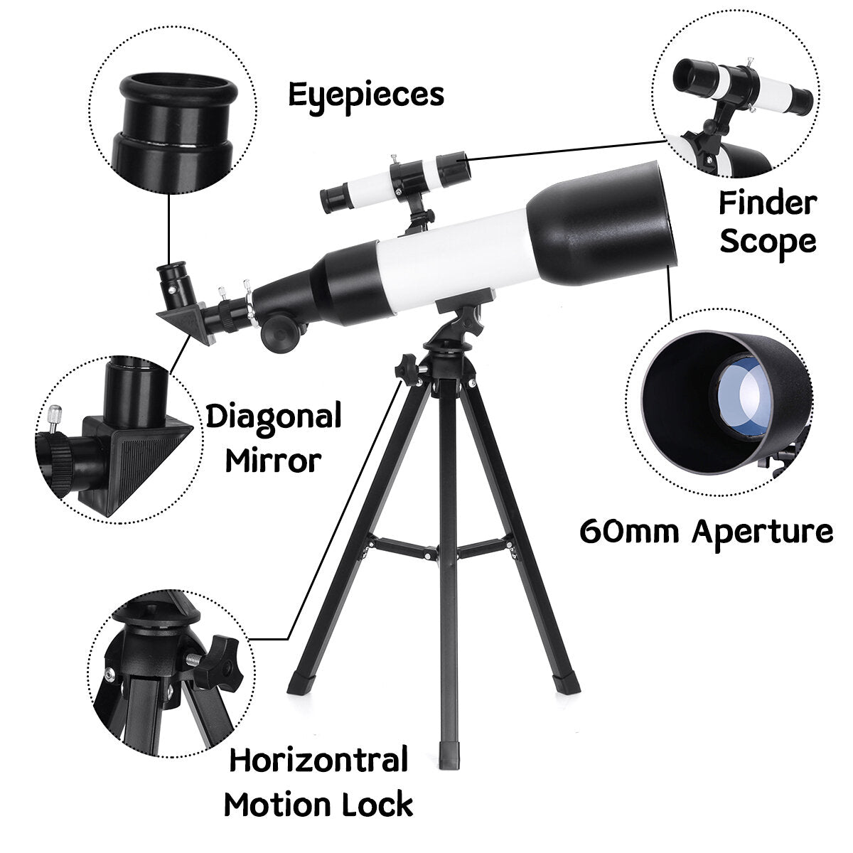 180X Astronomical Telescope 60mm Aperture 360mm Focal Length Tripod Outdoor Camping Telescope with Phone Holder