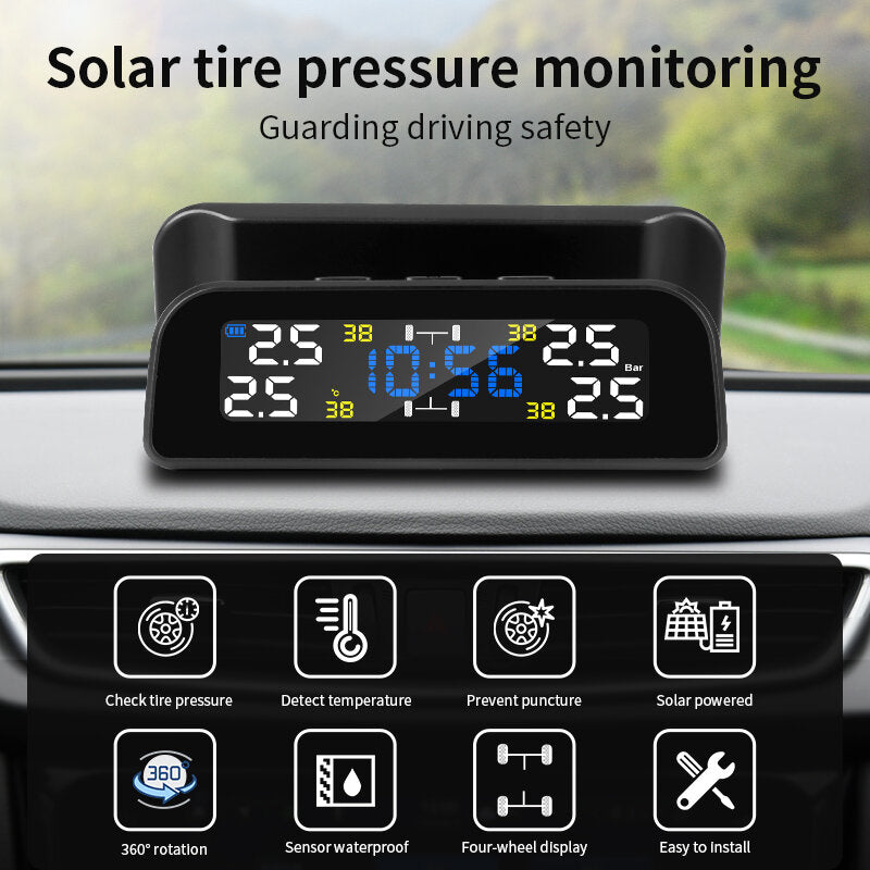 Solar Car 360 Rotation Tire Pressure Monitoring System Digital Clock LCD Display Tyre Temperature Safety Alarm Machine