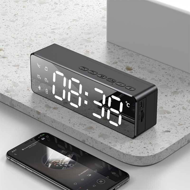 Bluetooth 5.0 Speaker Alarm Clock Multiple Play Modes LED Mirror Speaker with FM Function Stereo Sound Real-time Temperature Display 2800mAh