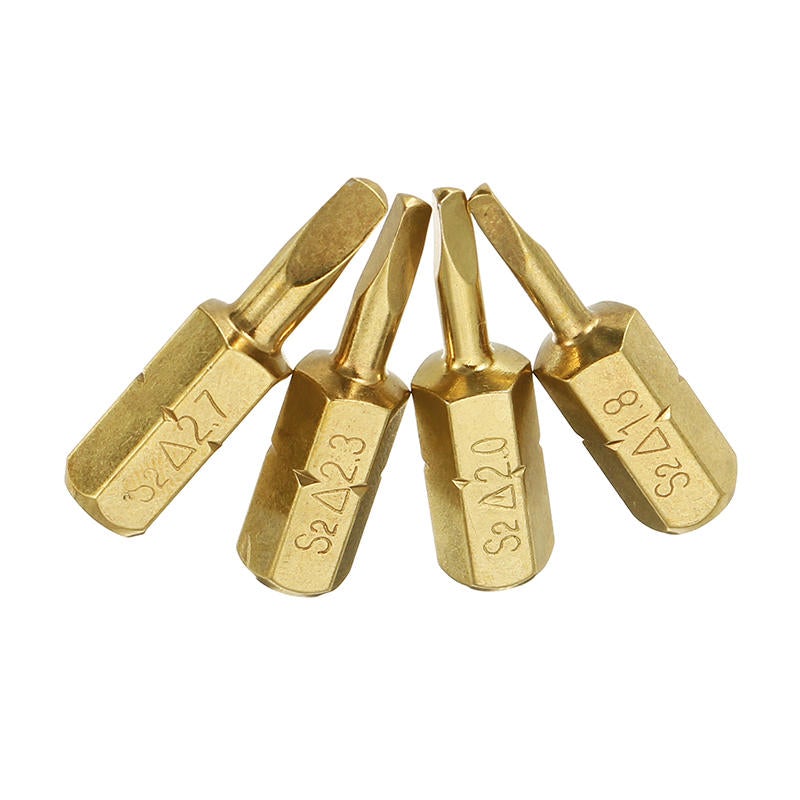4pcs 25mm 1.8-2.7mm Triangle Shaped Screwdriver Bits 1/4 Inch Hex Shank Electroplating Bronze