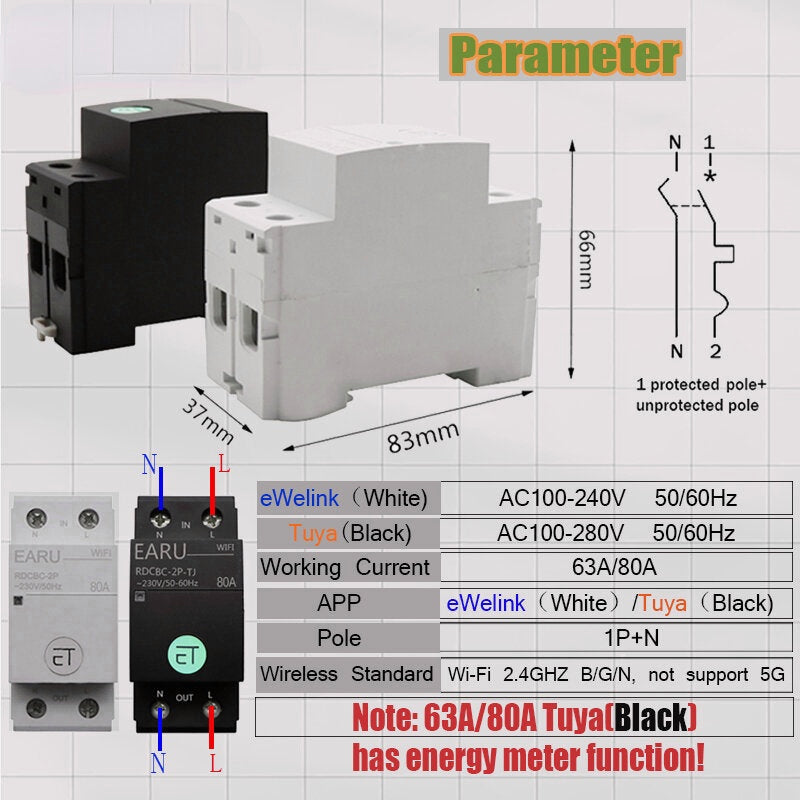 Smart Light Switch WIFI 63/80A Single Phase Circuit Breaker Timer Relay Switch Voice Remote Control Works With Tuya eWeLink APP Alexa Google Home