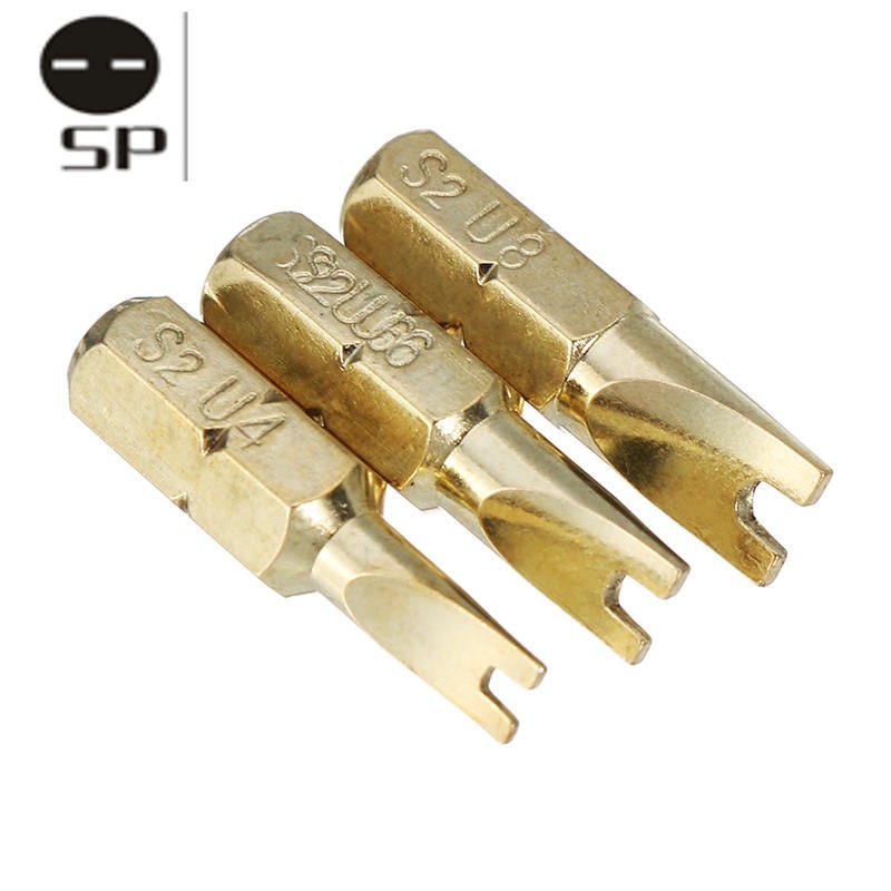 3pcs 25mm U4-U8 U Shaped Screwdriver Bits 1/4 Inch Hex Shank Electroplating Bronze