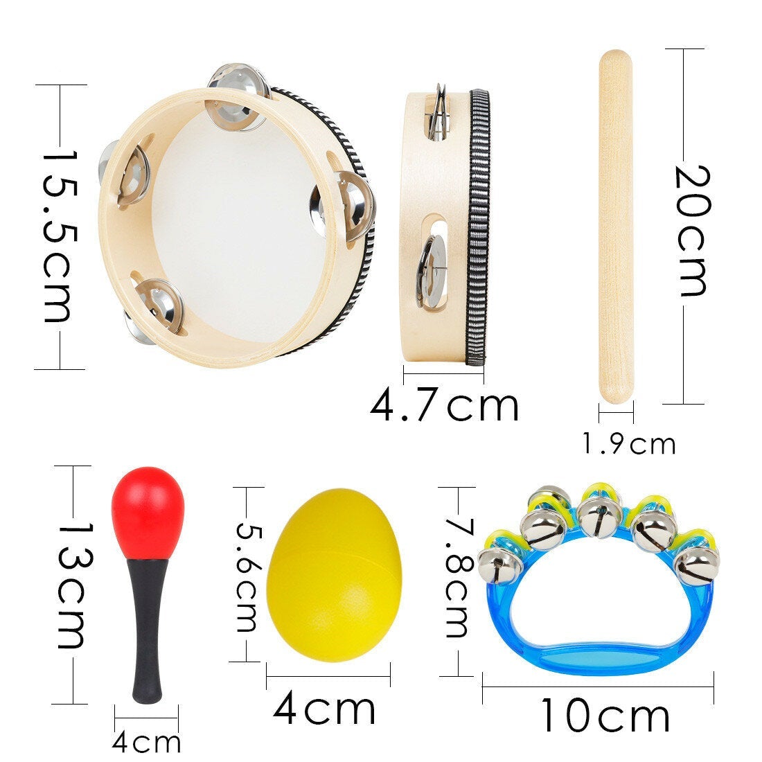 Musical Instrument 5 Set with Tambourine Sand Egg Hammer Rhythm Stick Hand Bell