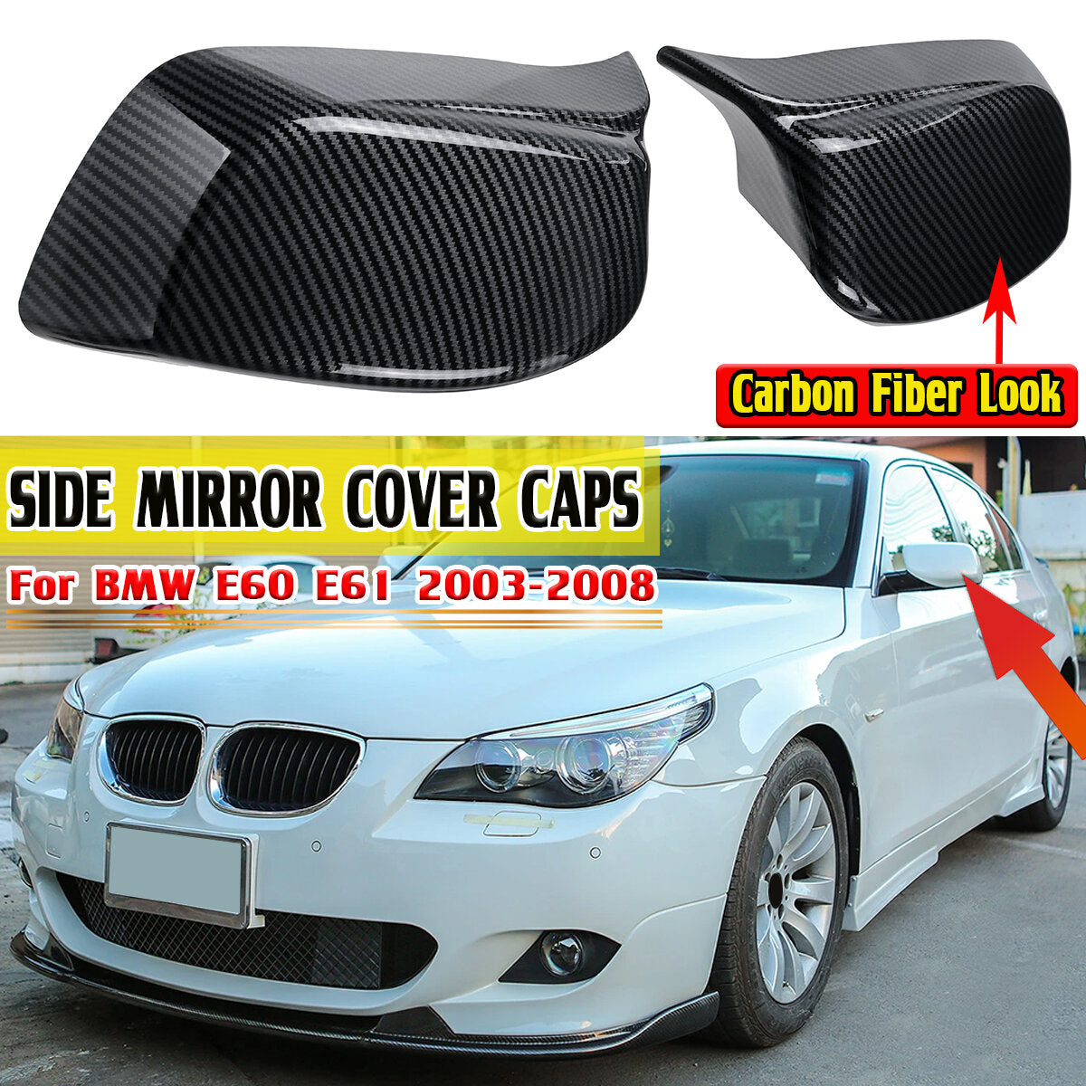 Replacement Side Mirror Cover Caps For BMW E60 E61 2003-2008 M Style Carbon Fiber Look