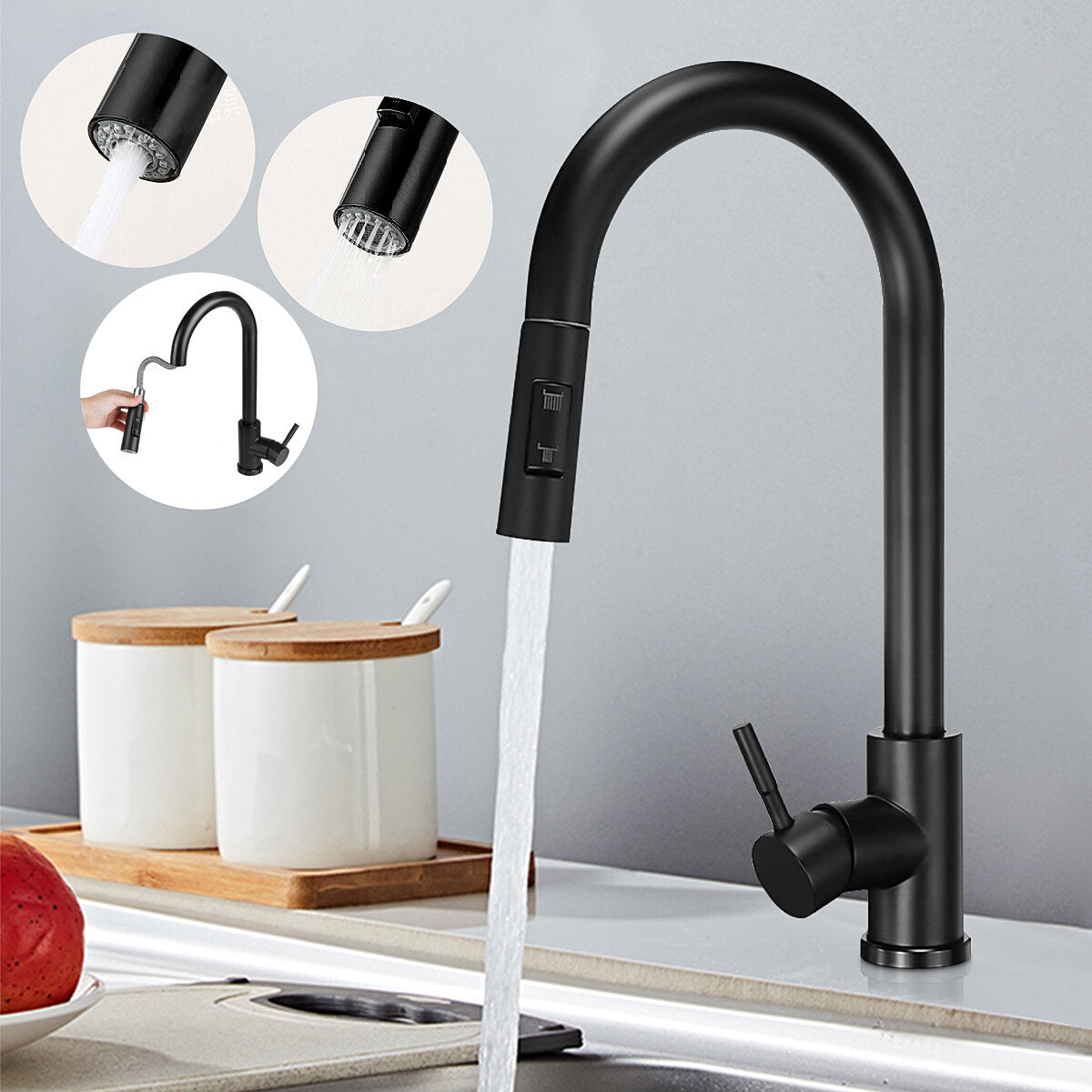 Brushed Nickel Stainless Steel Water Faucet Kitchen Sink Faucets Mixer 360 Rotation Pull Out Water Tap