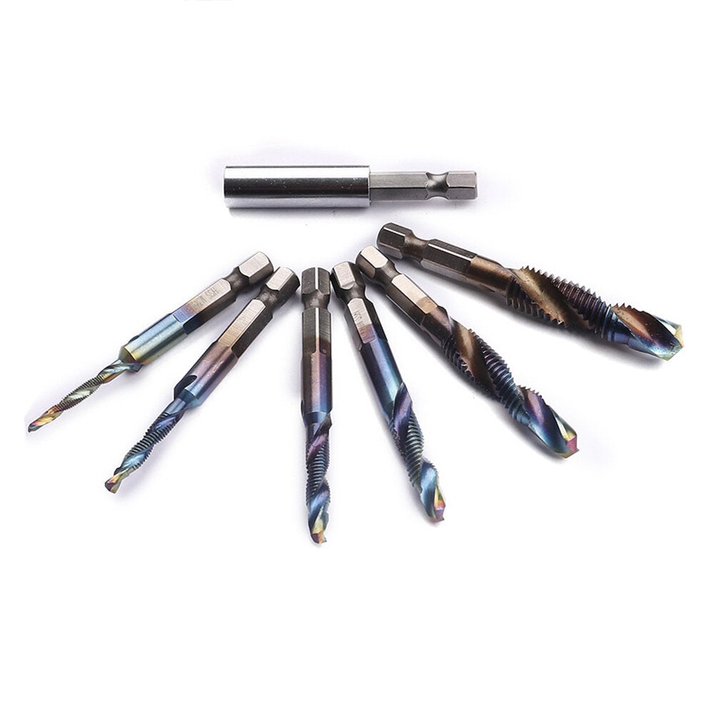 7Pcs M3-M10 6.2mm Hex Shank Blue Coated Screw Thread Metric Compound Tap Drill Bits with Extension Rod