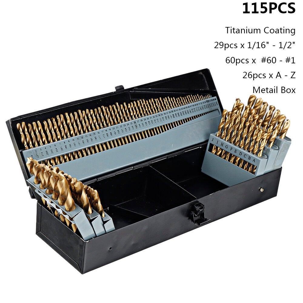 21/29/115 Pcs Titanium Coating Quick Change Twist Drill Set Individual HSS Drill Bits 1/16"-1/2" #60-#1 A-Z Round Shank Drill Set