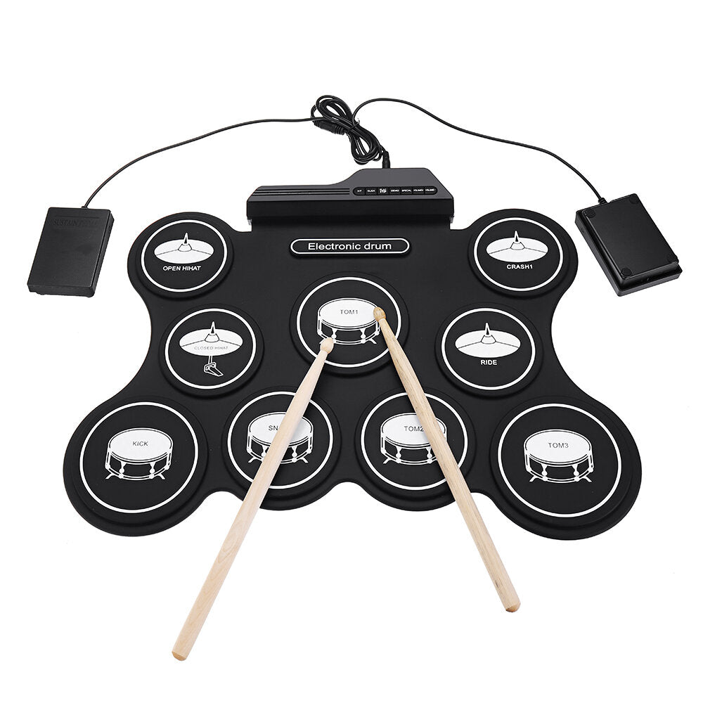 9 Pads Electronic Drum Portable Roll Up Drum Kit USB MIDI Drum with Drumsticks Foot Pedal for Beginners