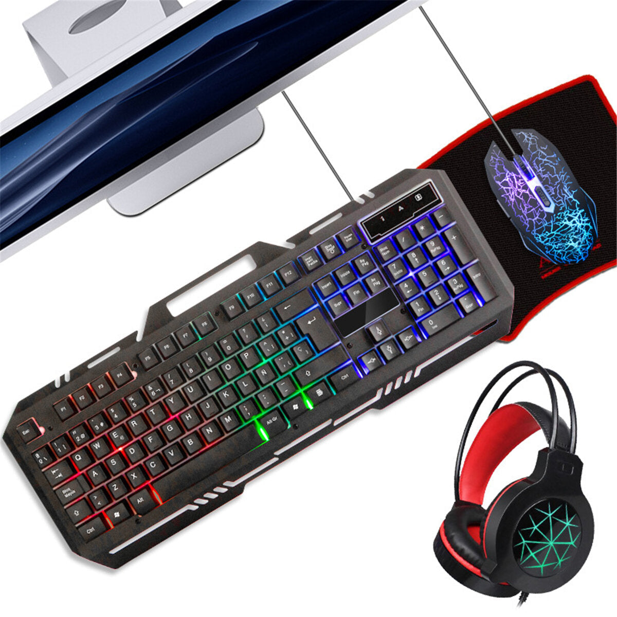 Gaming Headphone with Keyboard Mouse Pad Wired LED RGB Backlight Bundle Set