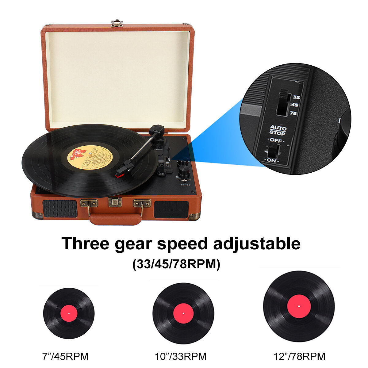 Vinyl Turntable Record Player LP Disc 33/45/78 RPM Bluetooth Portable Leather Gramophone Phonograph Speaker 3.5mm Antique Retro