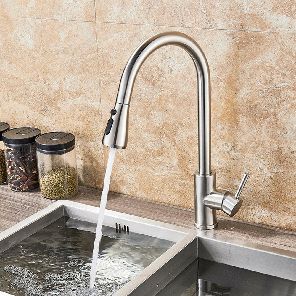 Brushed Nickel Kitchen Sink Faucets SUS304 Stainless Steel Single Hole Pull Out Spout Hot Cold Water Mixer Stream Sprayer Head Tap