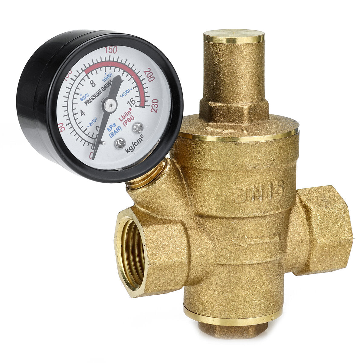 Water Pressure Regulator 16mm Brass Adjustable Reducer DN15 With Gauge Meter