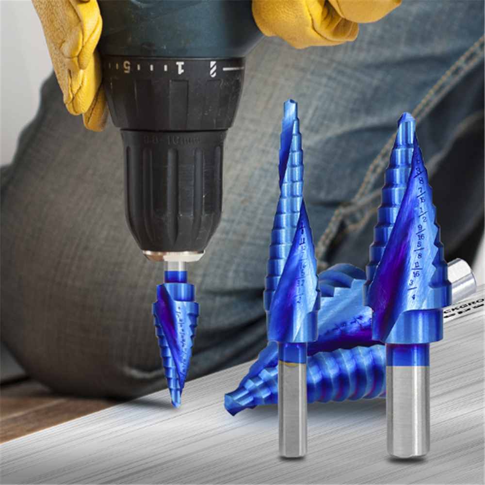 5pcs HSS Blue Nano Coating Step Drill Bit Set Spiral Flute Multiple Hole 1/8 to 1-3/8 Inch 50 Sizes with Aluminum Case or Opp Bag