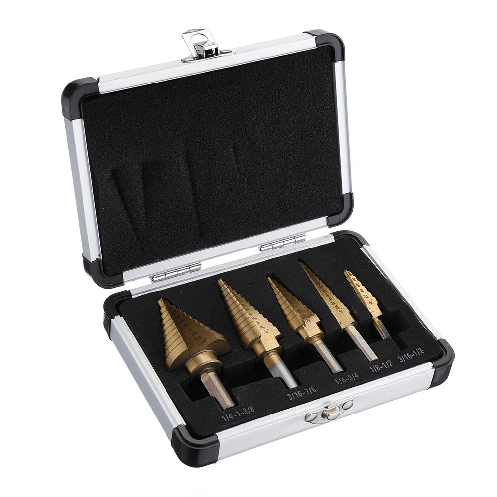 5Pcs Titanium Plating 1/8-1-3/8 Inch Step Drill Bit Set Hole Puncher for Metal Wood Steel