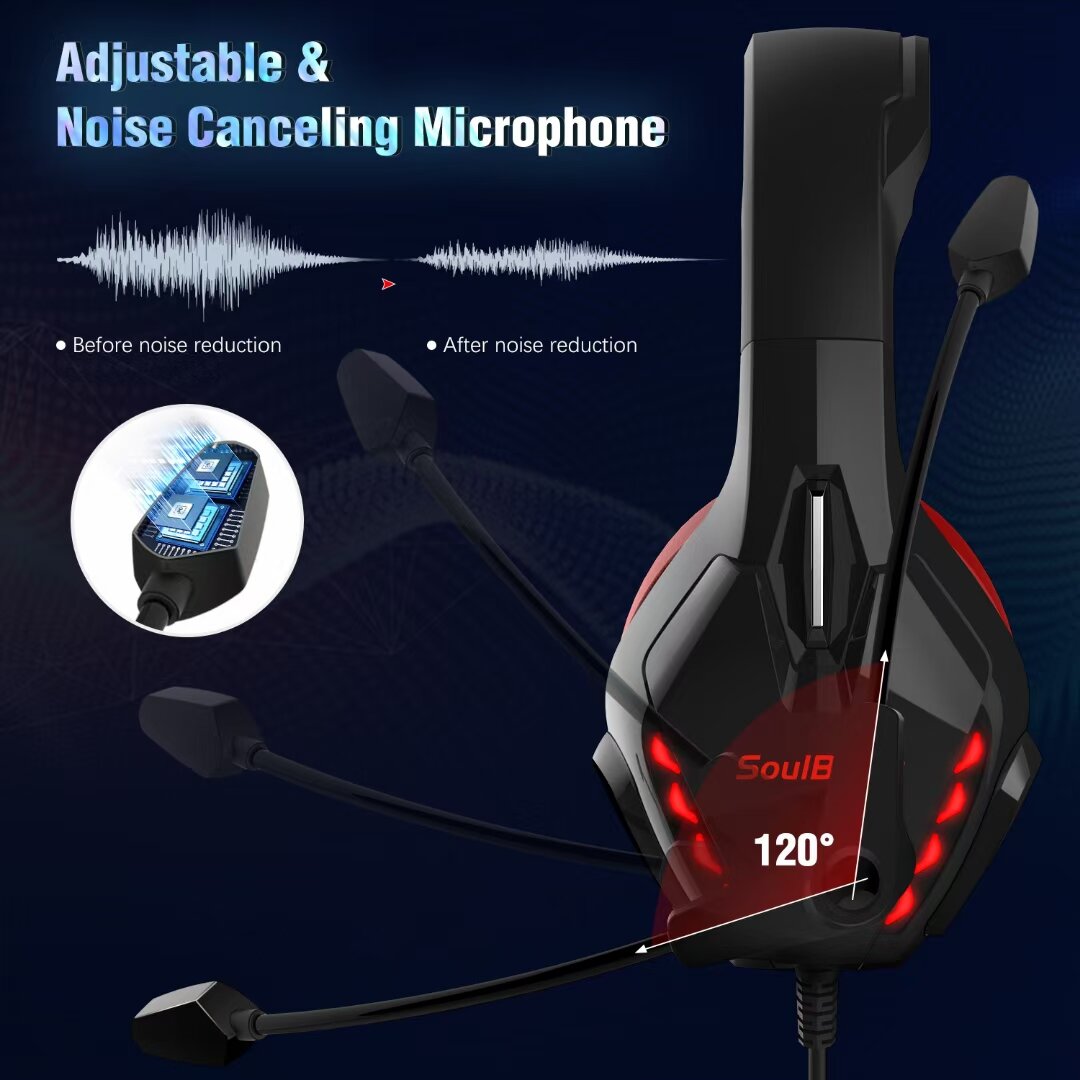 Gaming Headphones RGB Light Noise Cancelling Surround Sound Gaming Wired Headsets with Mic