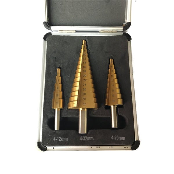 3pcs Titanium Coated HSS Step Cone Drill Bit Hole Cutter 4-12/20/32mm