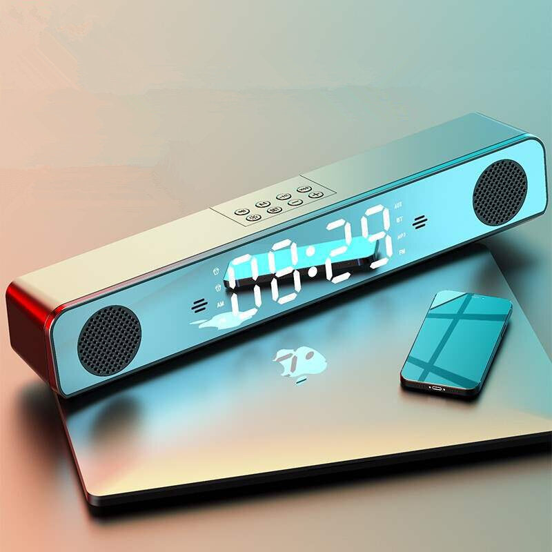 Wireless Bluetooth Speaker LED Display Mirror Clock Sound Bar Bass Stereo Surround Speaker Subwoofer 1800mAh for Phone PC Laptop