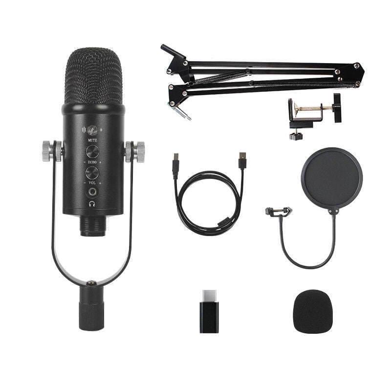 Condenser Microphone Hi-Fi DSP Noise Reduction Reverberation Adjustable Built-In Sound Card USB Wired for YouTube Broadcast Recording Gaming