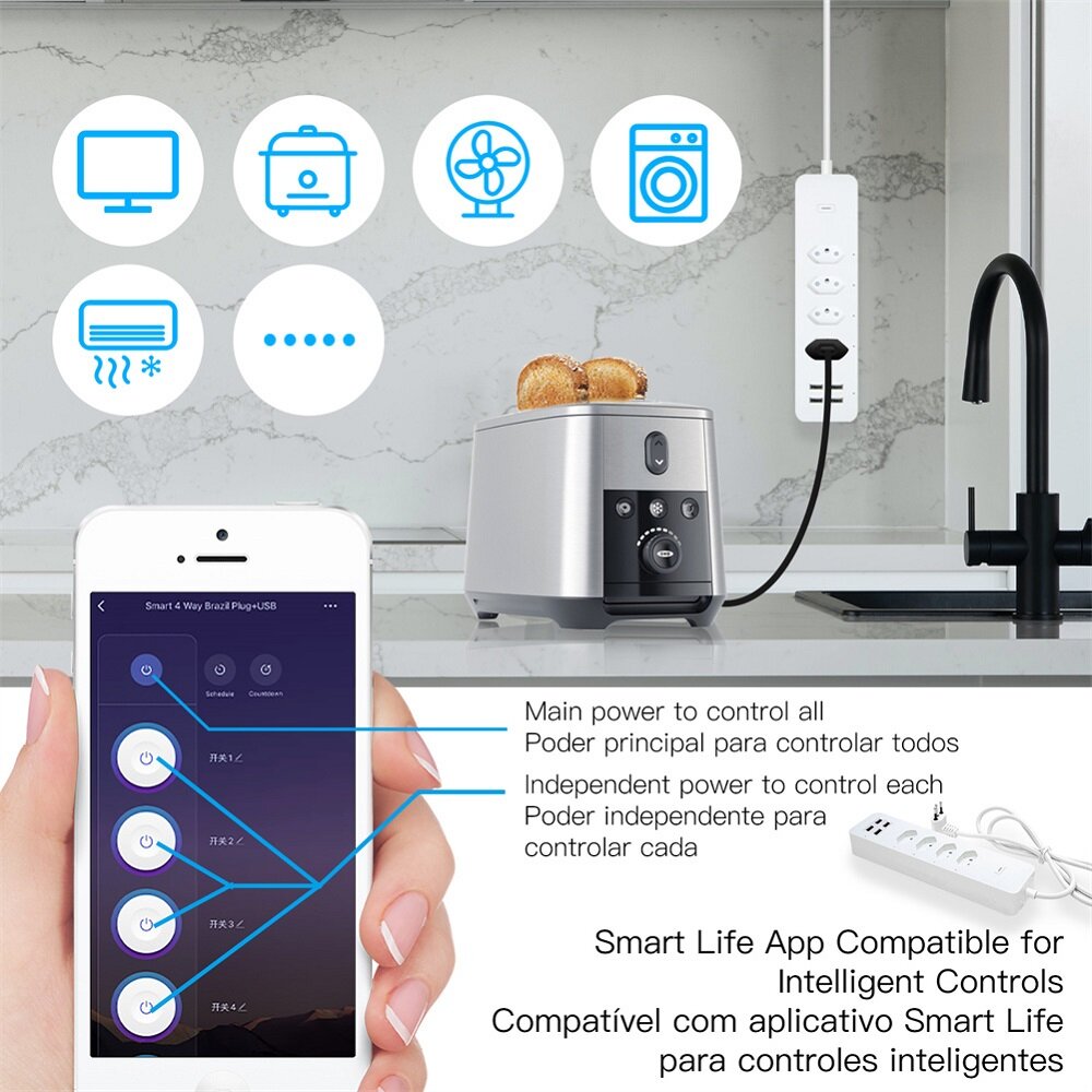 Smart Wifi Brazil Standard Socket 4 Outlets + 4 USB Charging Port App Remote Control Works with Alexa Google Home,110-240V
